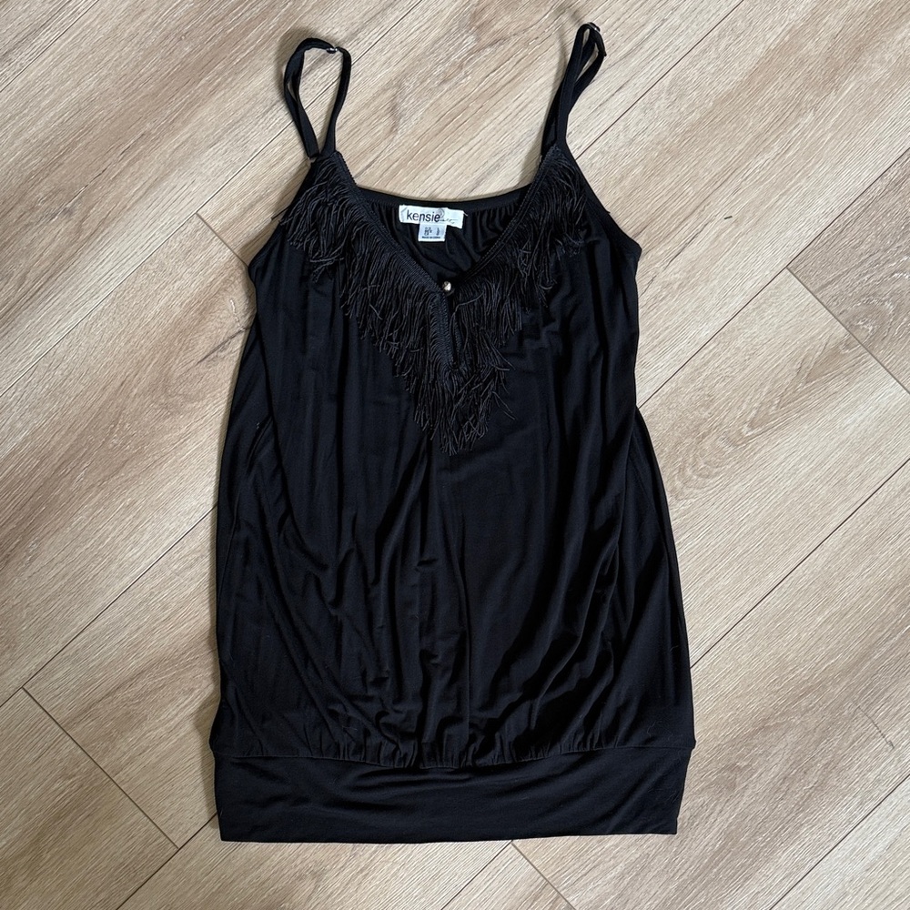 kensie Black Fringe V-Neck Spaghetti Strap Cami